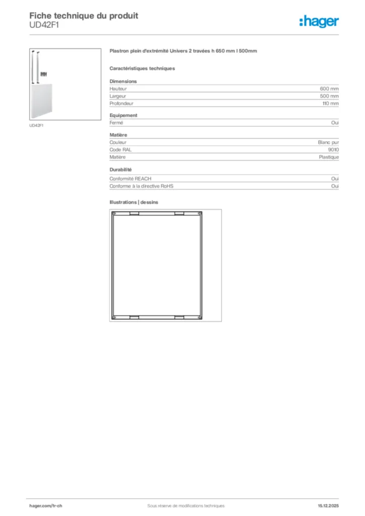 Image Hager Fiche technique du produit UD42F1 | Hager Suisse