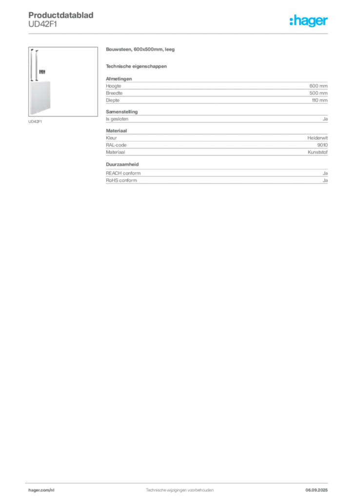 Afbeelding Hager Productdatablad UD42F1 | Hager Nederland