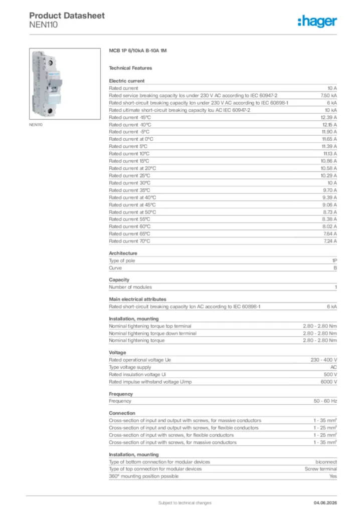 Image Hager Product data sheet NEN110  | Hager Africa
