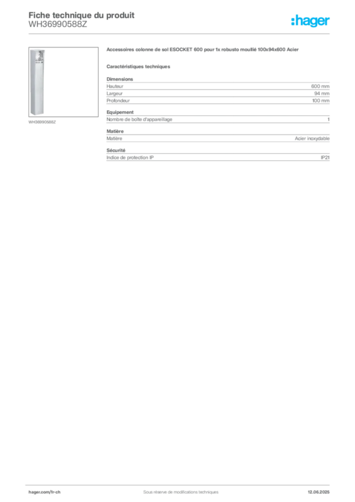 Image Hager Fiche technique du produit WH36990588Z | Hager Suisse