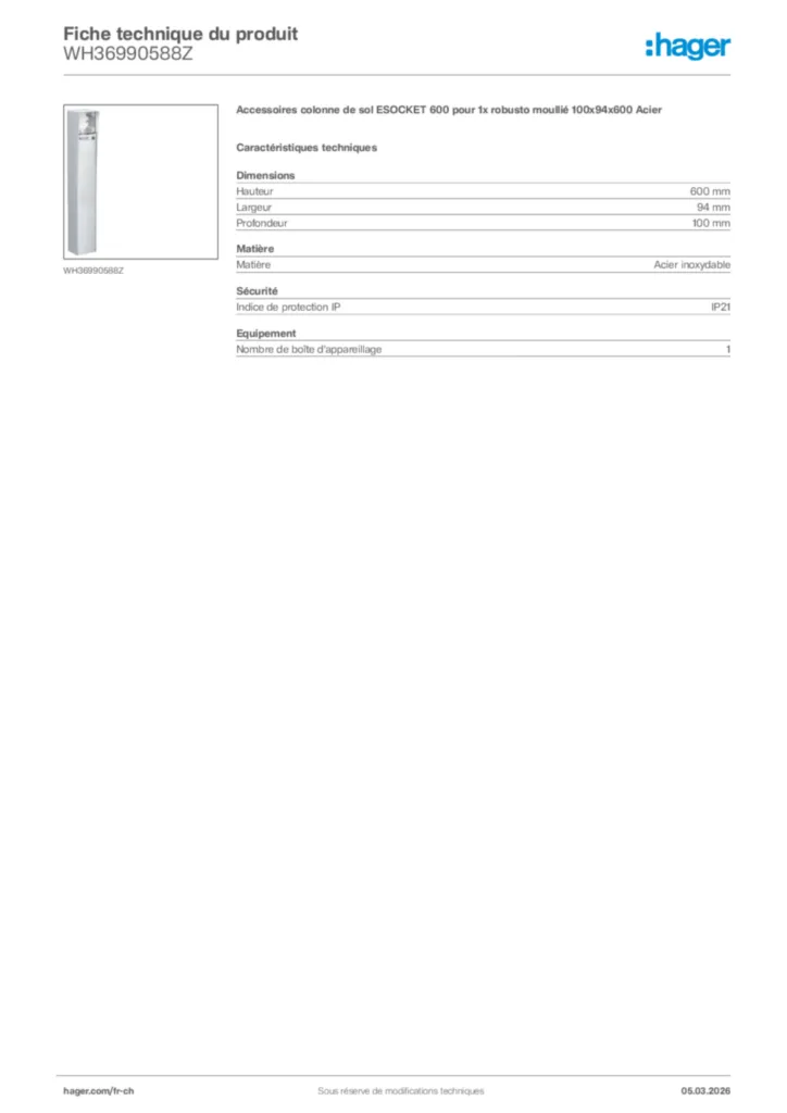 Image Hager Fiche technique du produit WH36990588Z | Hager Suisse