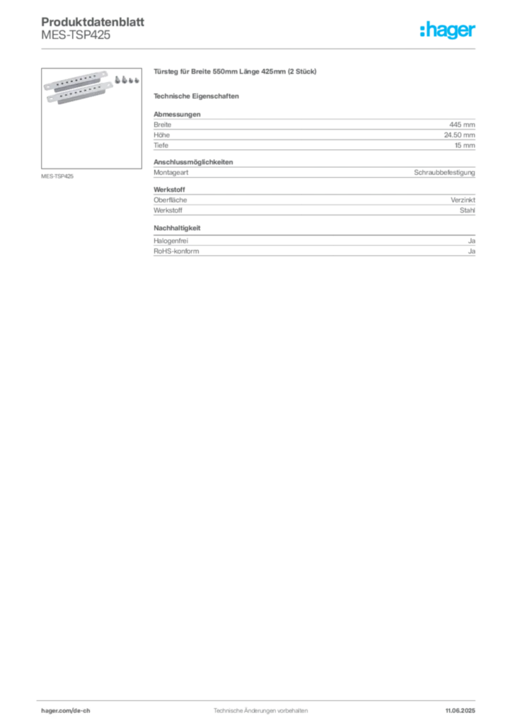 Bild Hager Produktdatenblatt MES-TSP425 | Hager Schweiz
