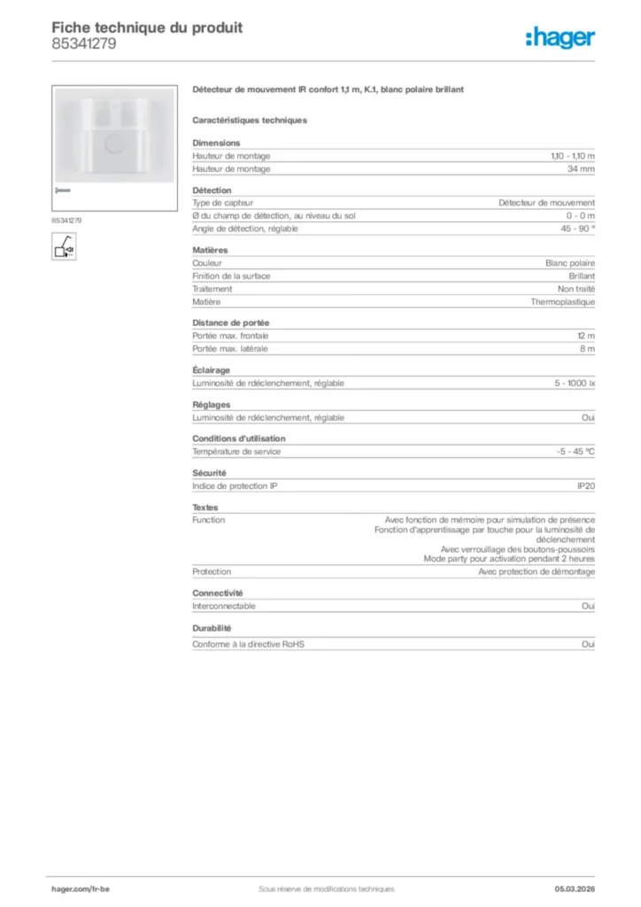 Image Hager Fiche technique du produit 85341279 | Hager Belgique