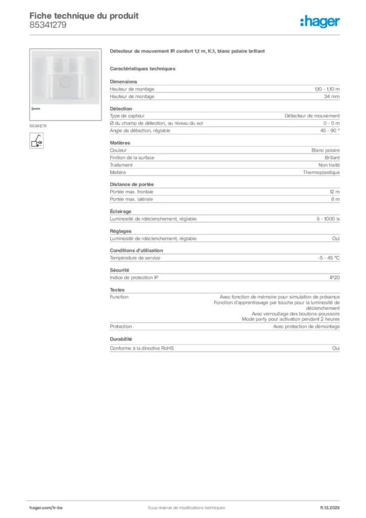 Image Hager Fiche technique du produit 85341279 | Hager Belgique