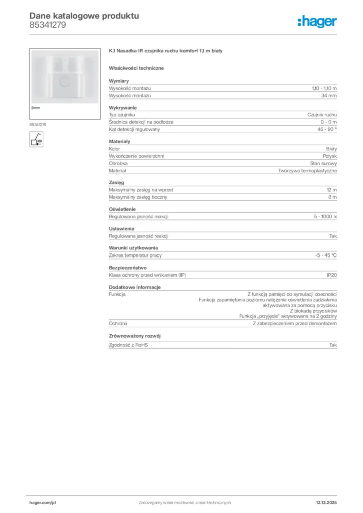 Zdjęcie Hager Dane katalogowe produktu 85341279 | Hager Polska