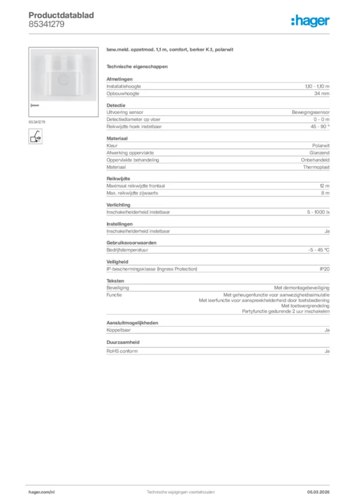 Afbeelding Hager Productdatablad 85341279 | Hager Nederland