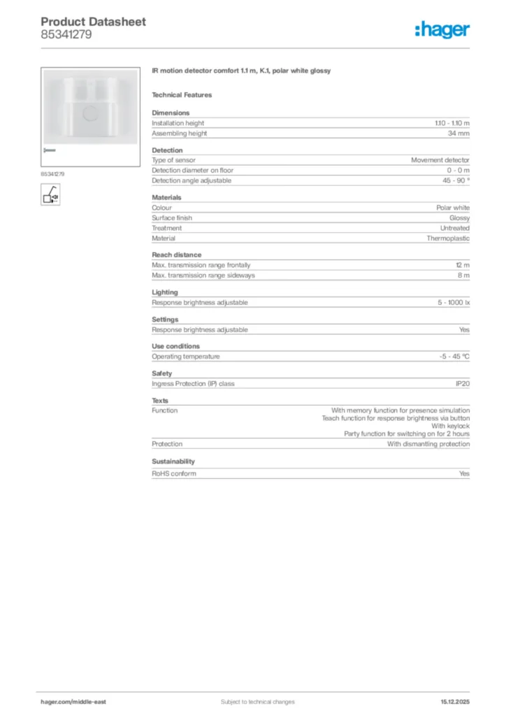 Image Hager Product data sheet 85341279  | Hager