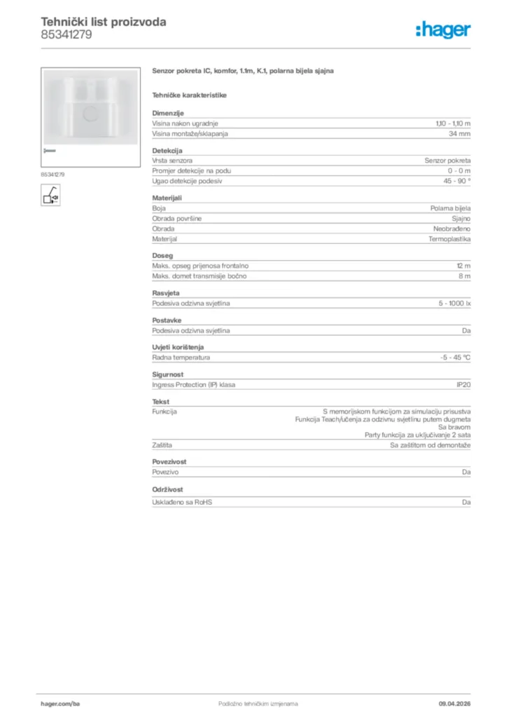 Slika Hager Tehnički list proizvoda 85341279  | Hager