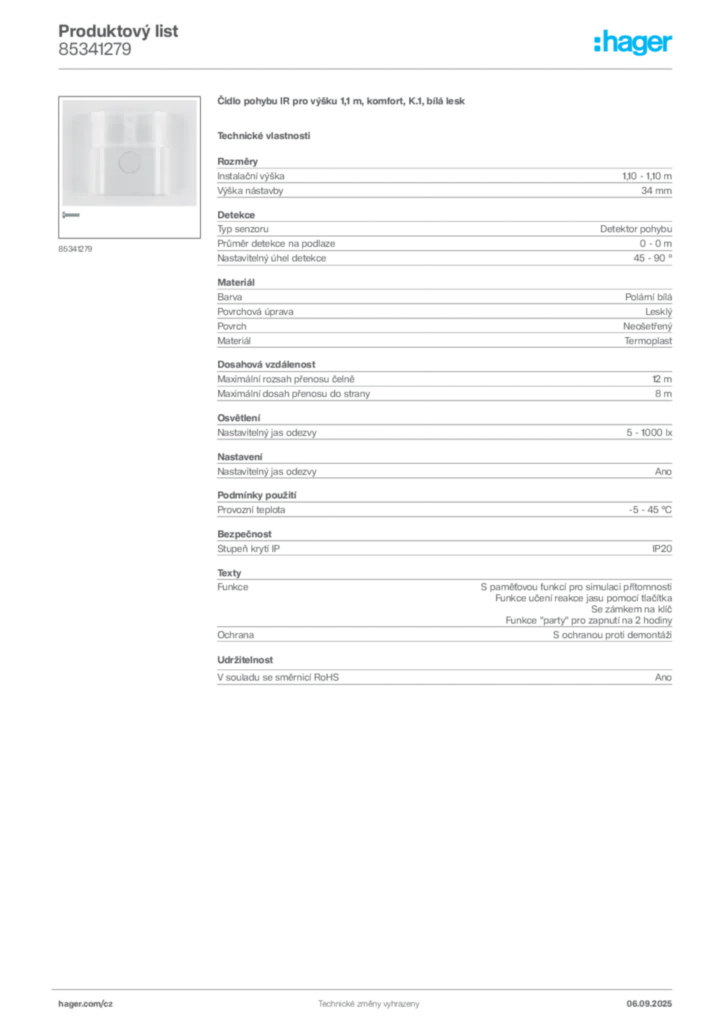 Obrázek Hager Produktový list 85341279 | Hager