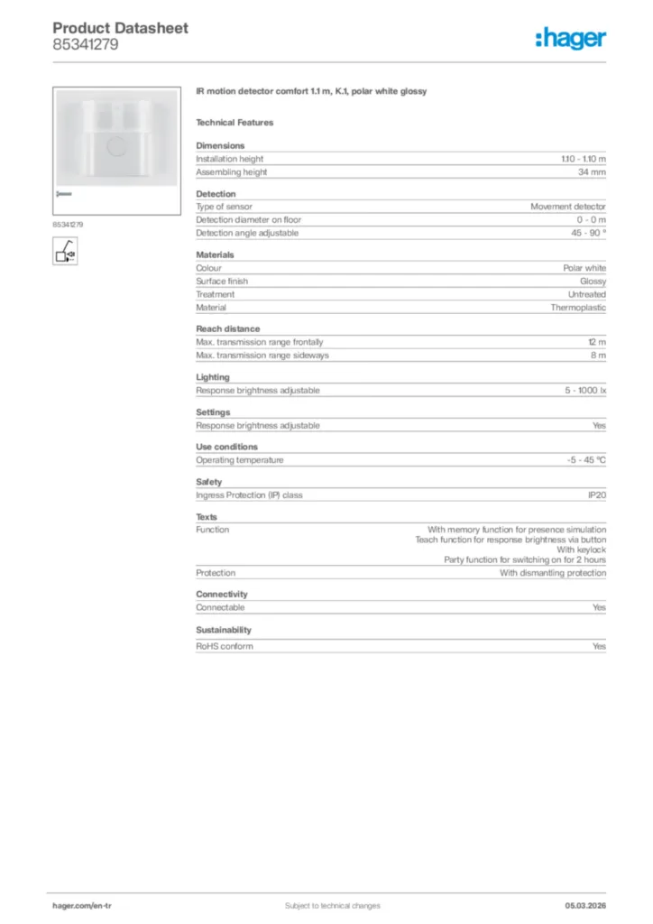 Image Hager Product data sheet 85341279  | Hager
