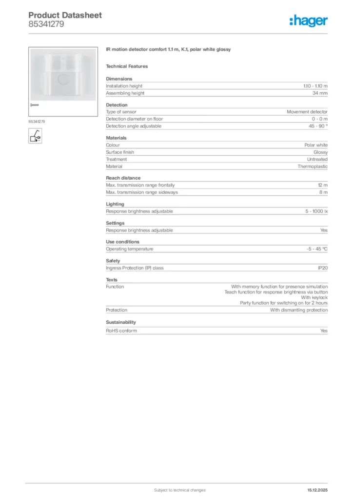 Image Hager Product data sheet 85341279  | Hager