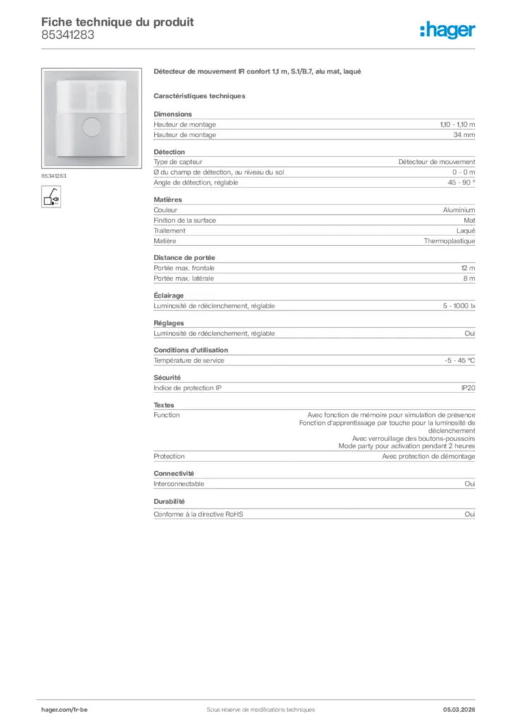 Image Hager Fiche technique du produit 85341283 | Hager Belgique