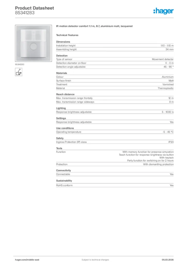 Image Hager Product data sheet 85341283  | Hager