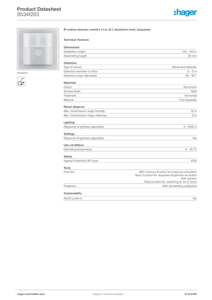 Image Hager Product data sheet 85341283  | Hager