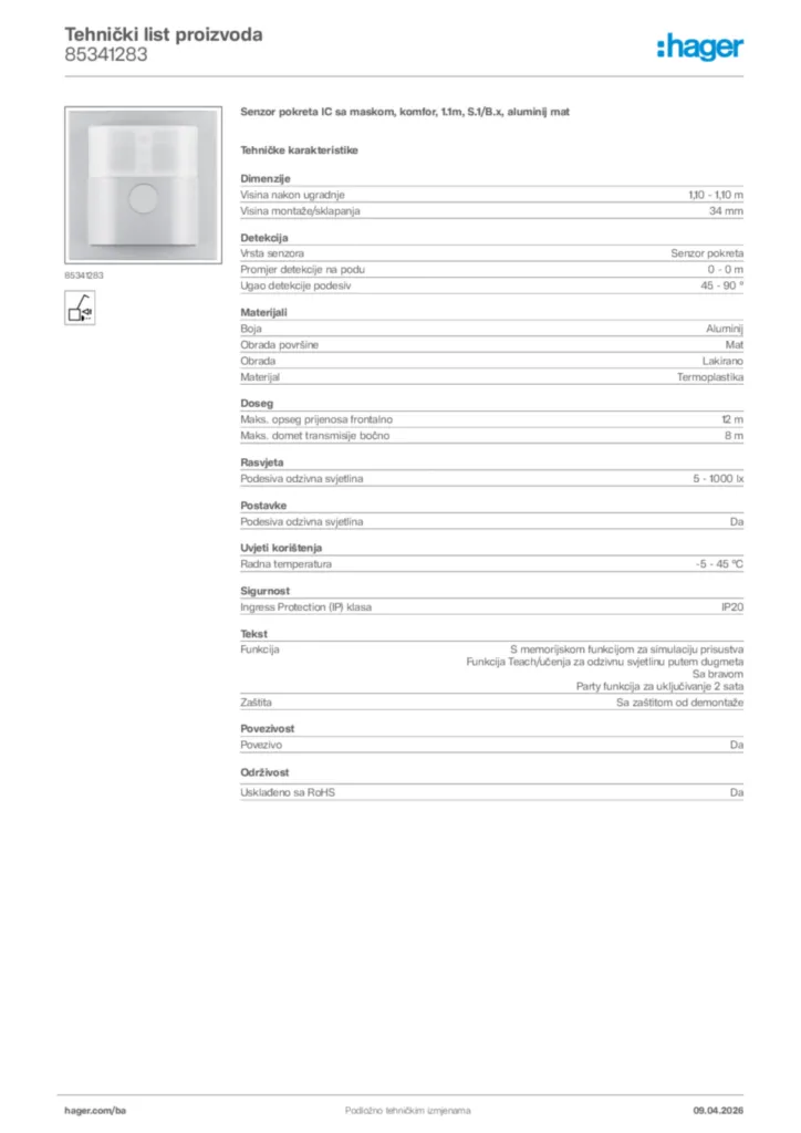 Slika Hager Tehnički list proizvoda 85341283  | Hager