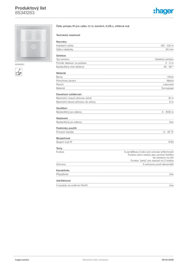 Obrázek Hager Product data sheet 85341283 | Hager