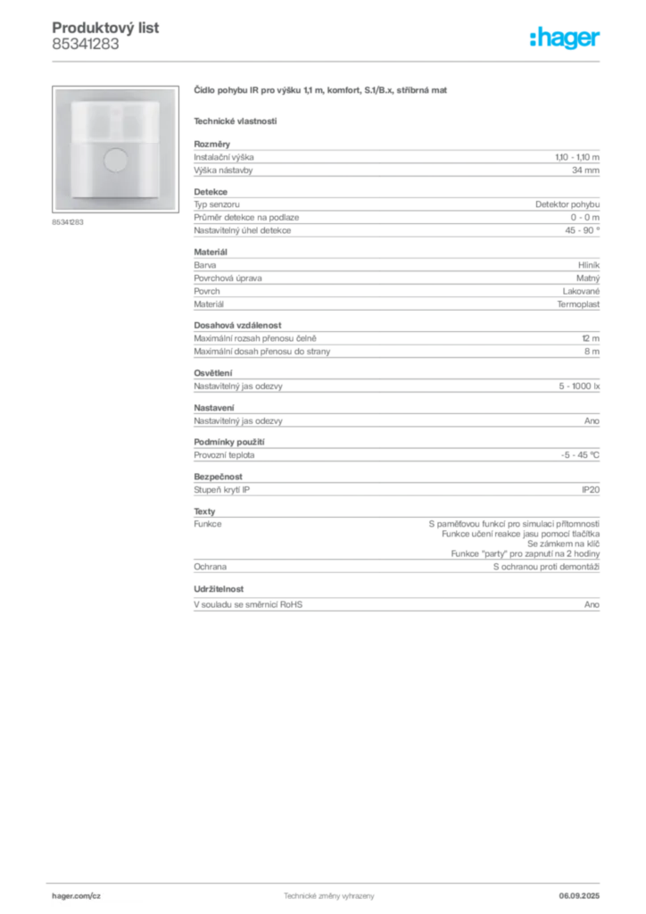 Obrázek Hager Produktový list 85341283 | Hager