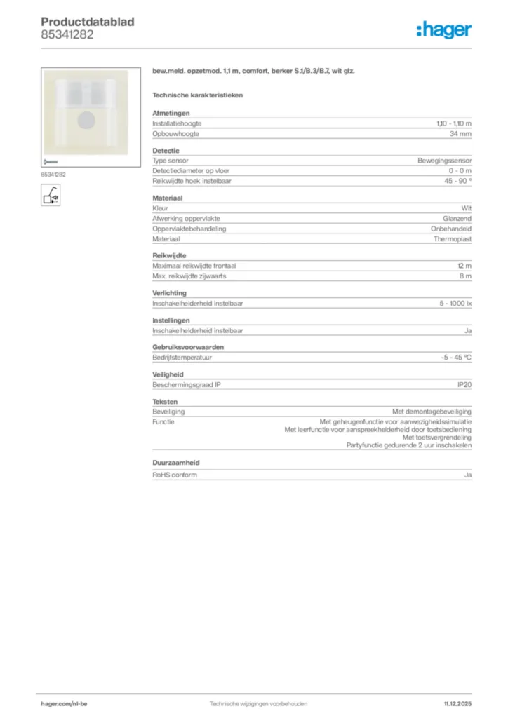 Afbeelding Hager Productdatablad 85341282 | Hager Belgium