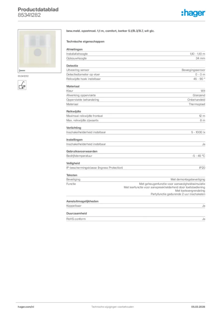 Afbeelding Hager Productdatablad 85341282 | Hager Nederland