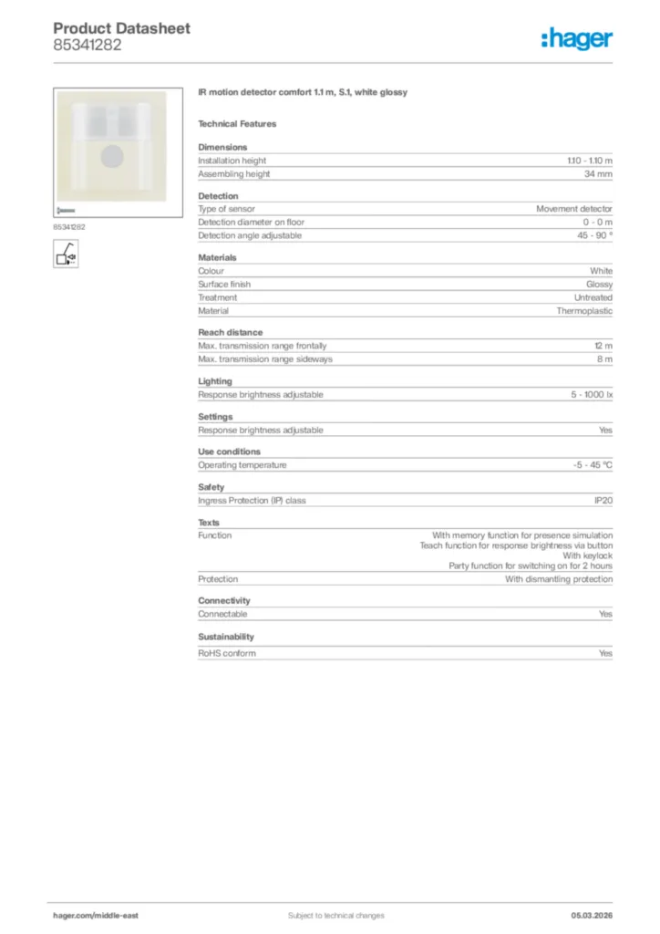 Image Hager Product data sheet 85341282  | Hager