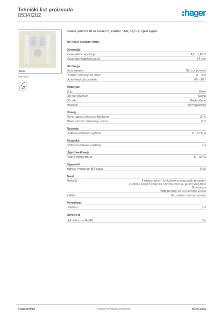 Slika Hager Tehnički list proizvoda 85341282  | Hager
