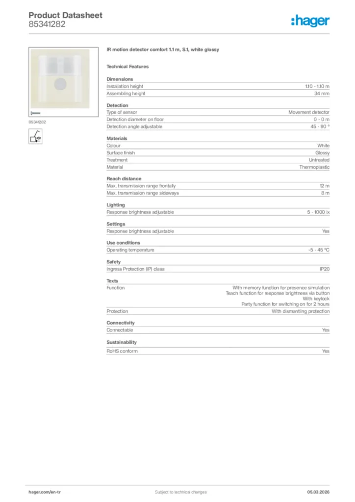 Image Hager Product data sheet 85341282  | Hager