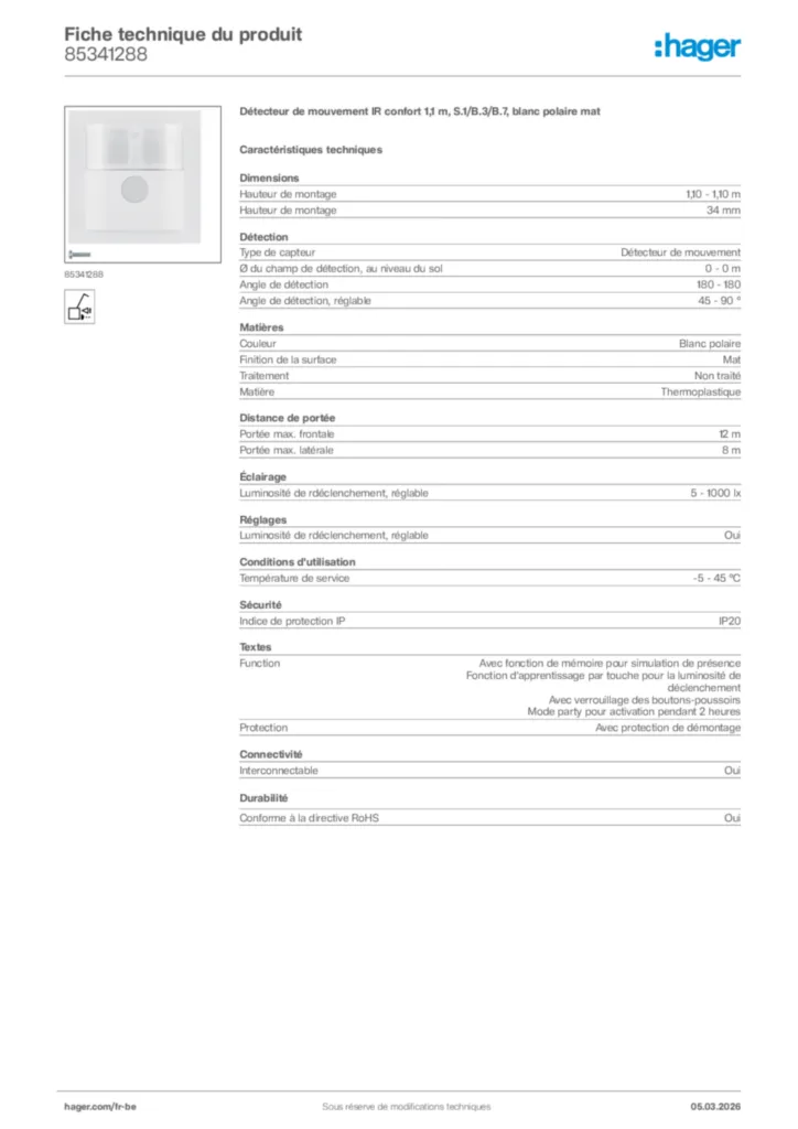 Image Hager Fiche technique du produit 85341288 | Hager Belgique