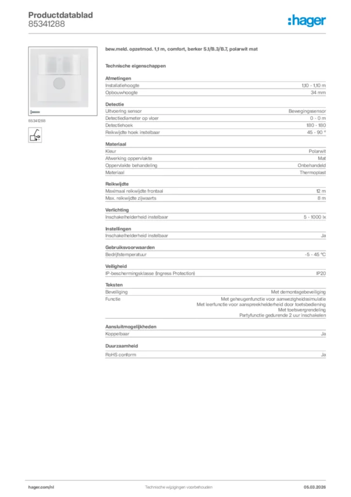 Afbeelding Hager Productdatablad 85341288 | Hager Nederland