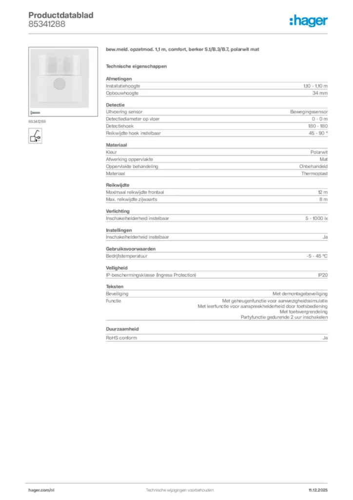 Afbeelding Hager Productdatablad 85341288 | Hager Nederland