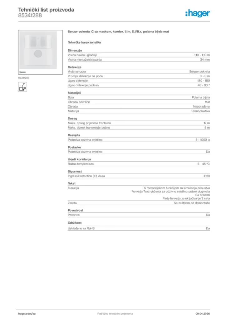 Slika Hager Tehnički list proizvoda 85341288  | Hager