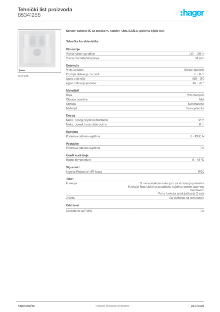 Slika Hager Product data sheet 85341288  | Hager