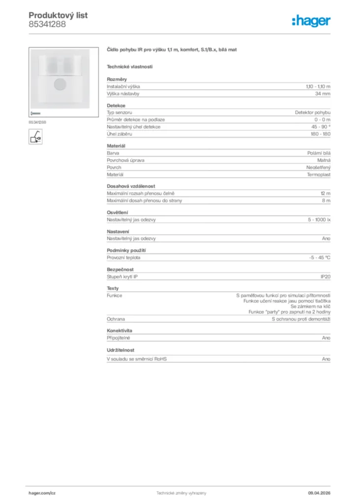 Obrázek Hager Product data sheet 85341288 | Hager