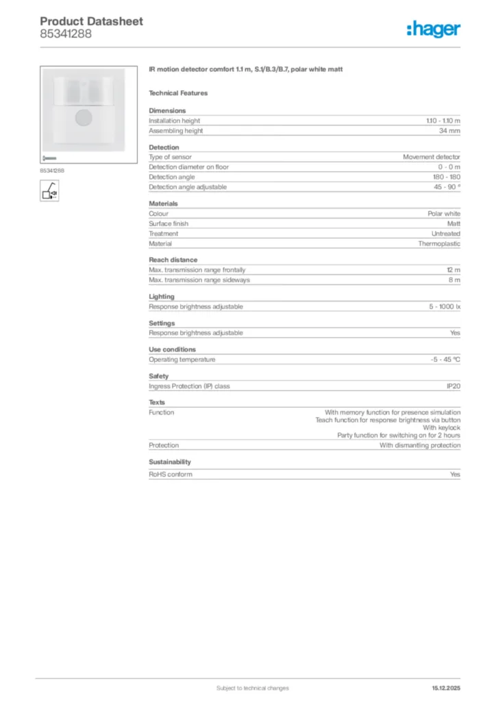 Image Hager Product data sheet 85341288  | Hager
