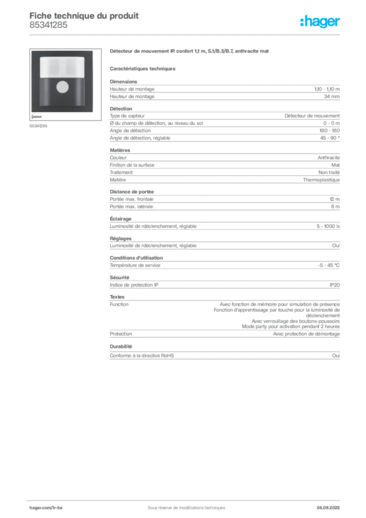 Image Hager Fiche technique du produit 85341285 | Hager Belgique