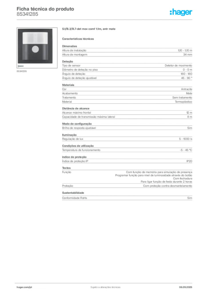 Imagem Hager Ficha técnica do produto 85341285 | Hager Portugal