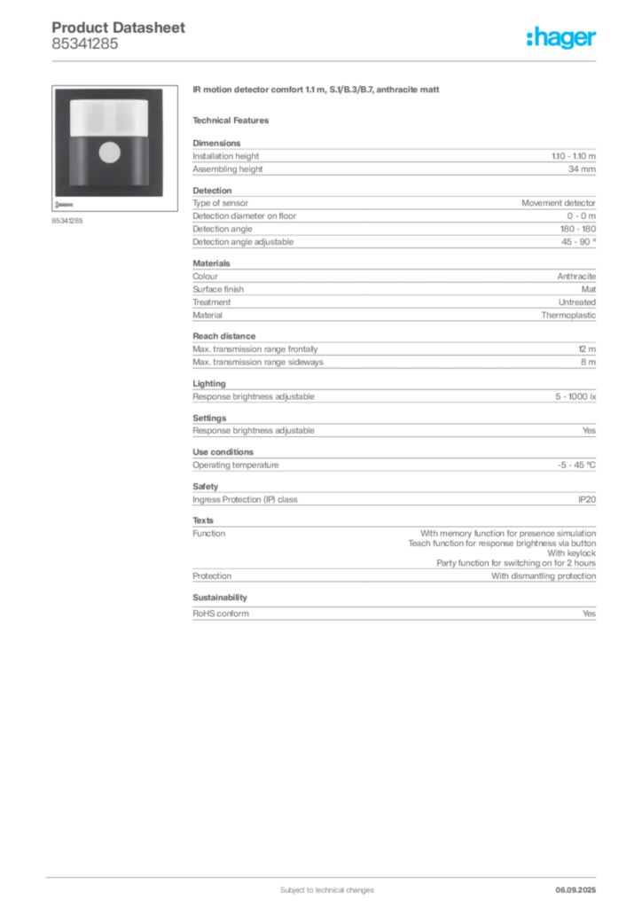 Image Hager Product data sheet 85341285  | Hager