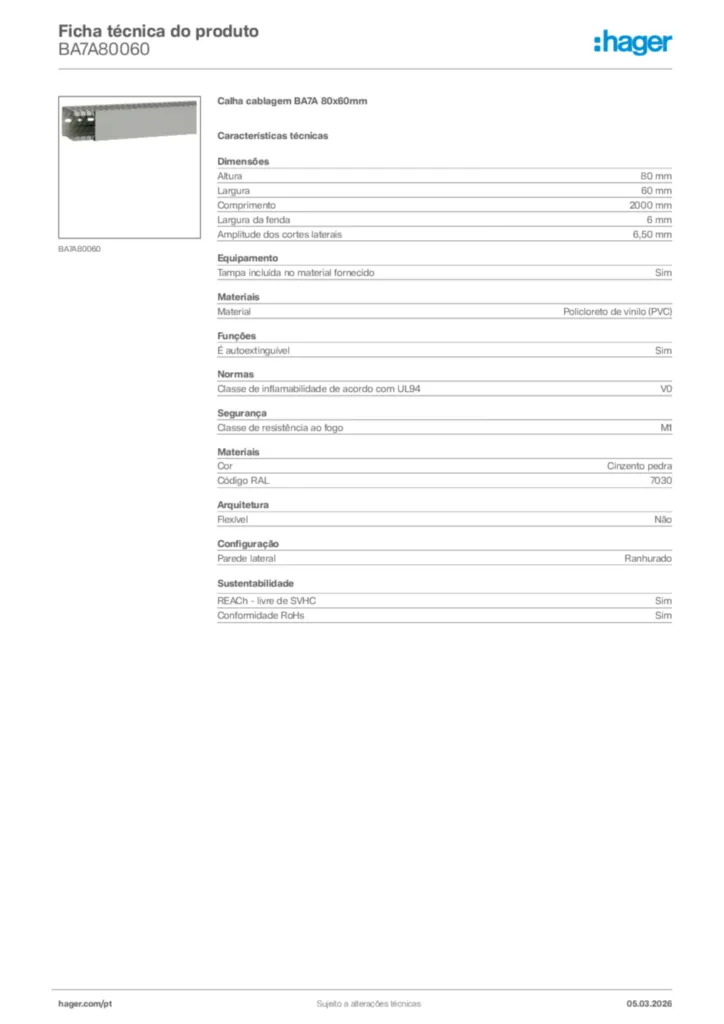 Imagem Hager Ficha técnica do produto BA7A80060 | Hager Portugal