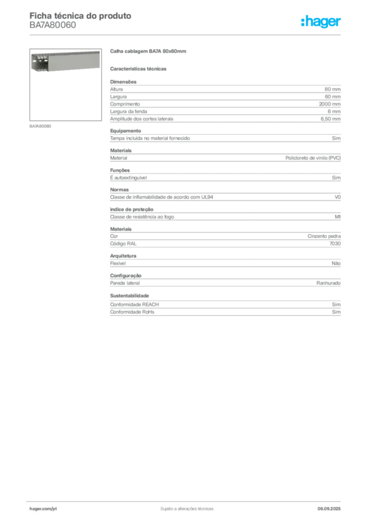 Imagem Hager Ficha técnica do produto BA7A80060 | Hager Portugal
