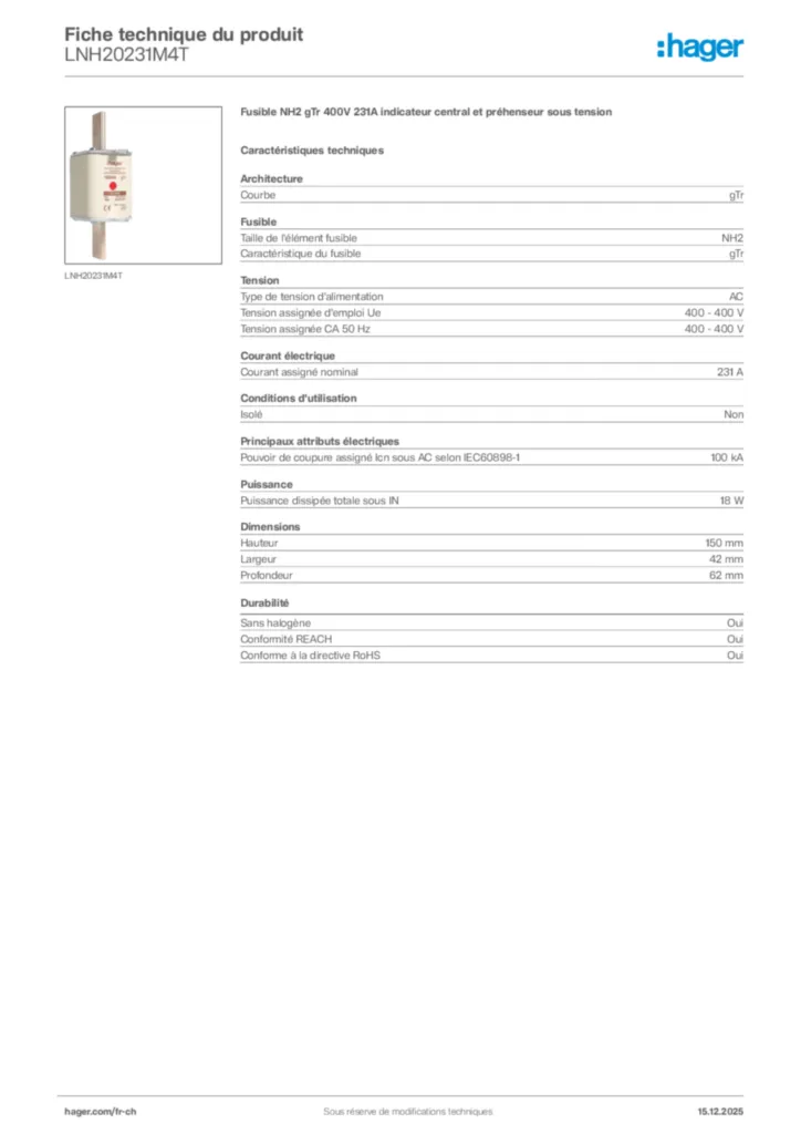 Image Hager Fiche technique du produit LNH20231M4T | Hager Suisse