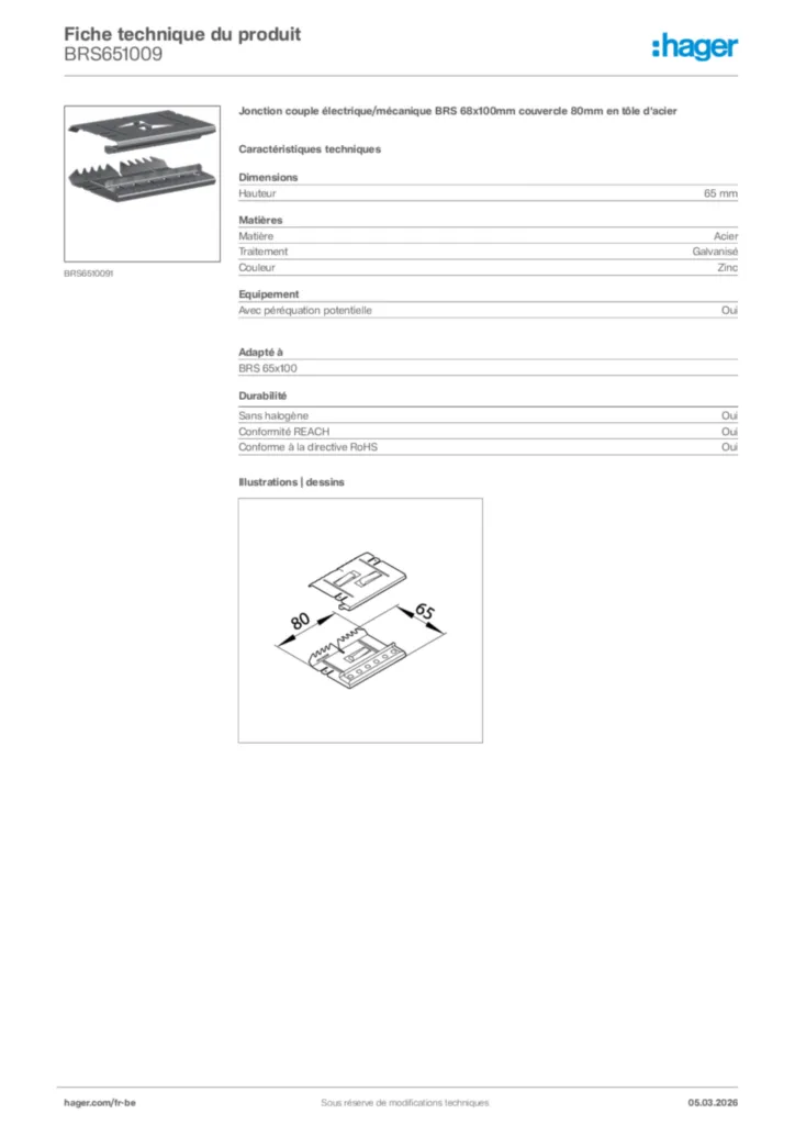 Image Hager Fiche technique du produit BRS651009 | Hager Belgique