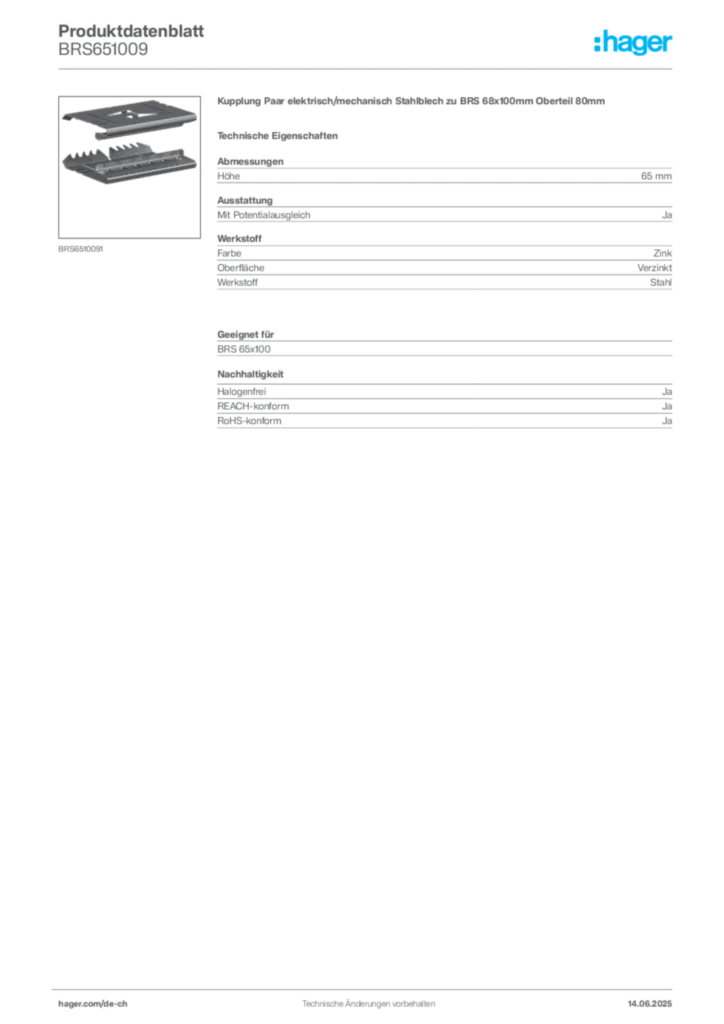 Bild Hager Produktdatenblatt BRS651009 | Hager Schweiz