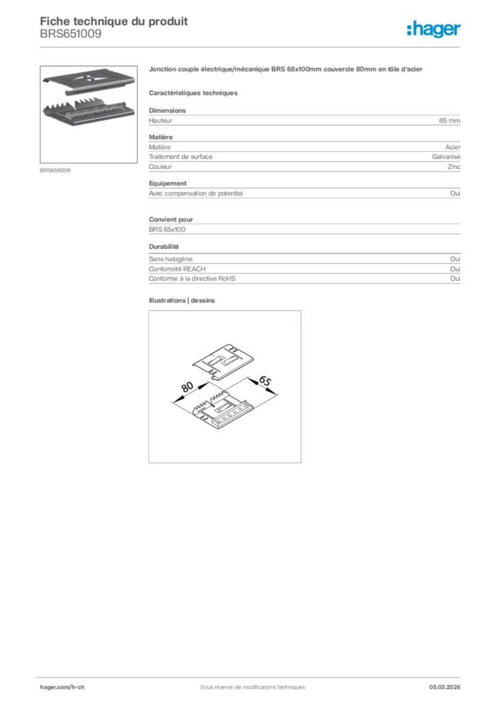 Image Hager Fiche technique du produit BRS651009 | Hager Suisse
