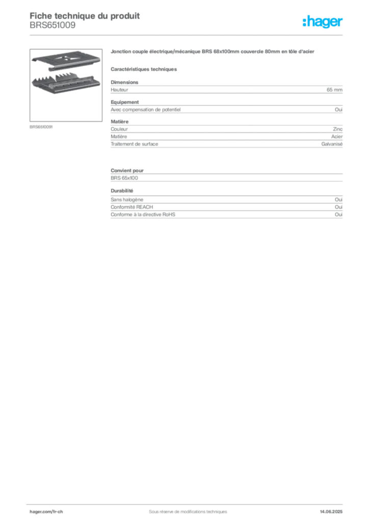 Image Hager Fiche technique du produit BRS651009 | Hager Suisse