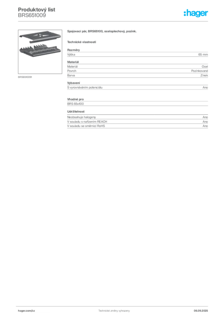 Obrázek Hager Produktový list BRS651009 | Hager