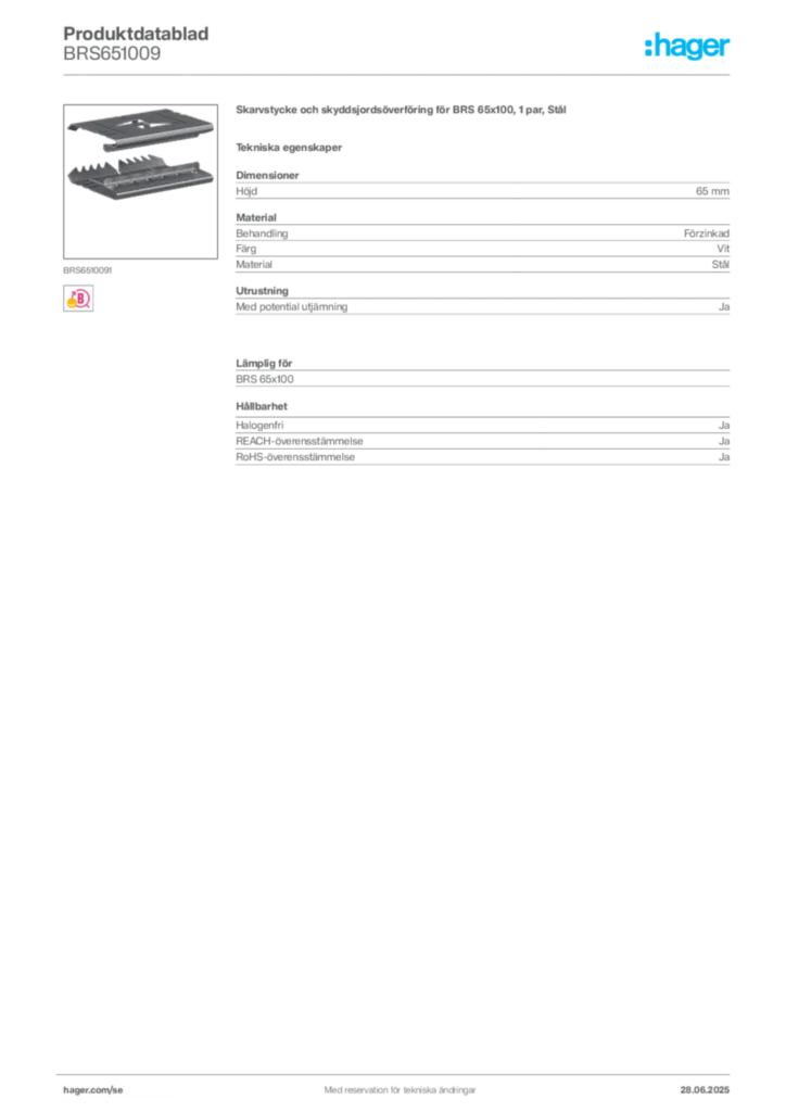 Bild Hager Produktdatablad BRS651009 | Hager Sverige