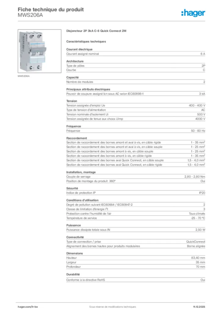 Image Hager Fiche technique du produit MWS206A | Hager Belgique