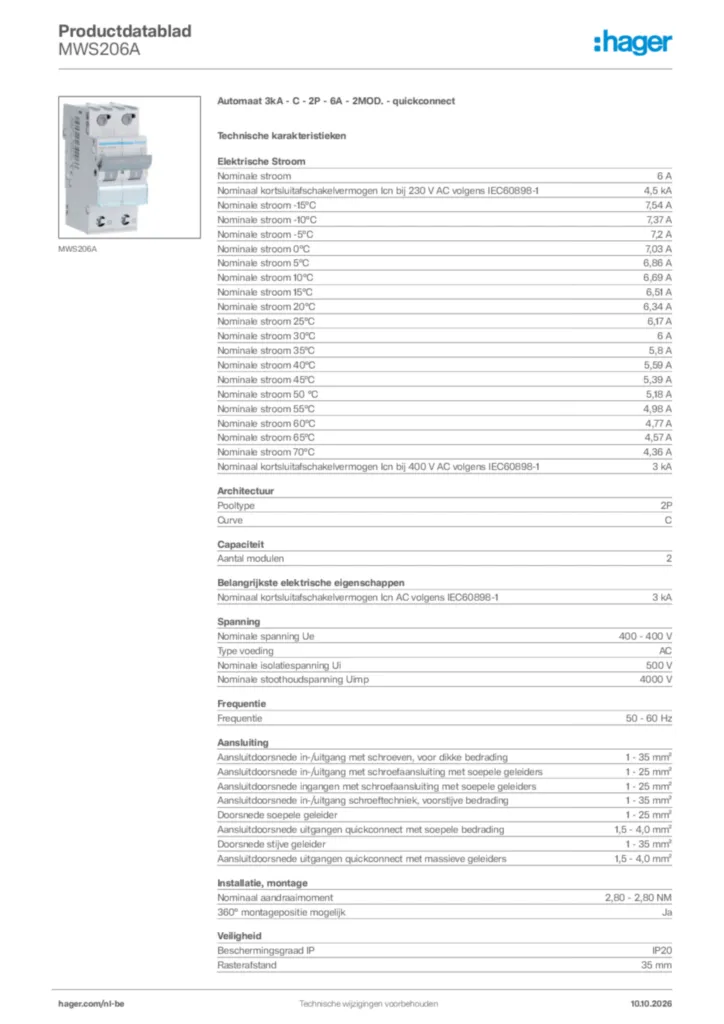 Afbeelding Hager Productdatablad MWS206A | Hager Belgium