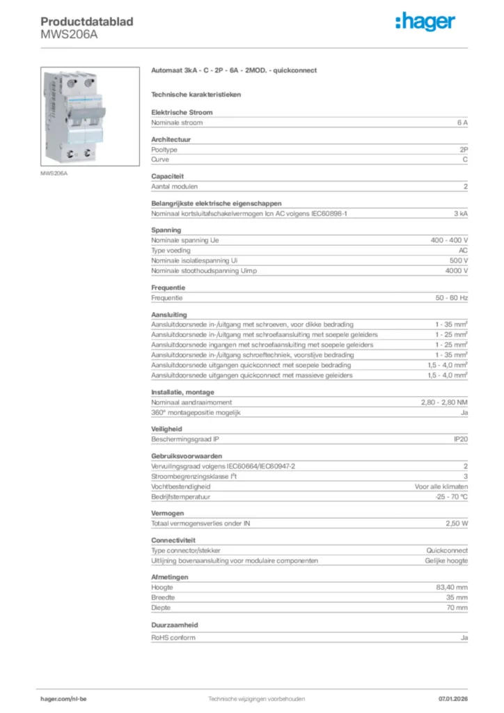 Afbeelding Hager Productdatablad MWS206A | Hager Belgium