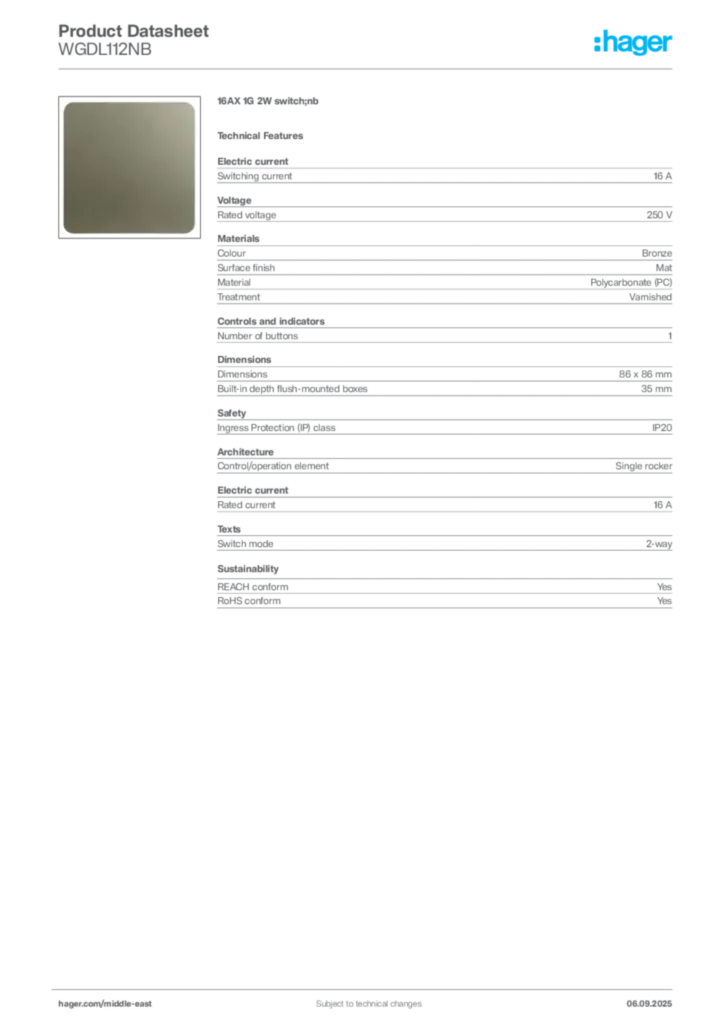 Image Hager Product data sheet WGDL112NB  | Hager