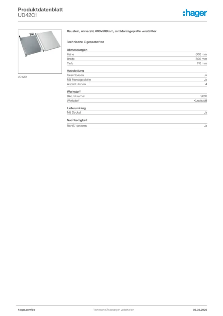 Hager Produktdatenblatt UD42C1